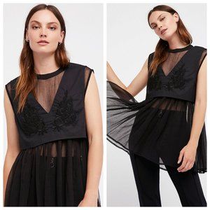 Free People Forever Mine Black Embroidered Cropped Overlay on Sheer Tulle Top